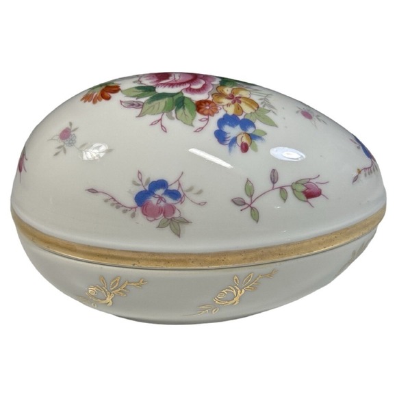 Source Unknown Other - Vintage Porcelain Egg Shaped Trinket Box Candy Dish Floral Gold Trim